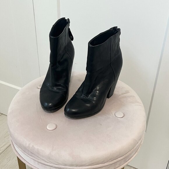 Rag & Bone Black Leather Heeled Ankle Booties Size 35 - Picture 1 of 8